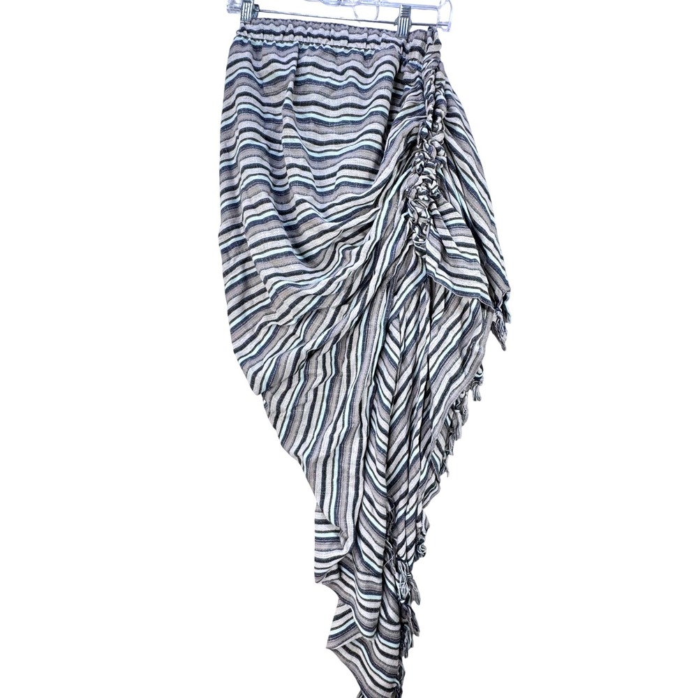Just Bee Queen Tulum Skirt Womens Medium Blue Striped Ruched Asymmetrical Boho